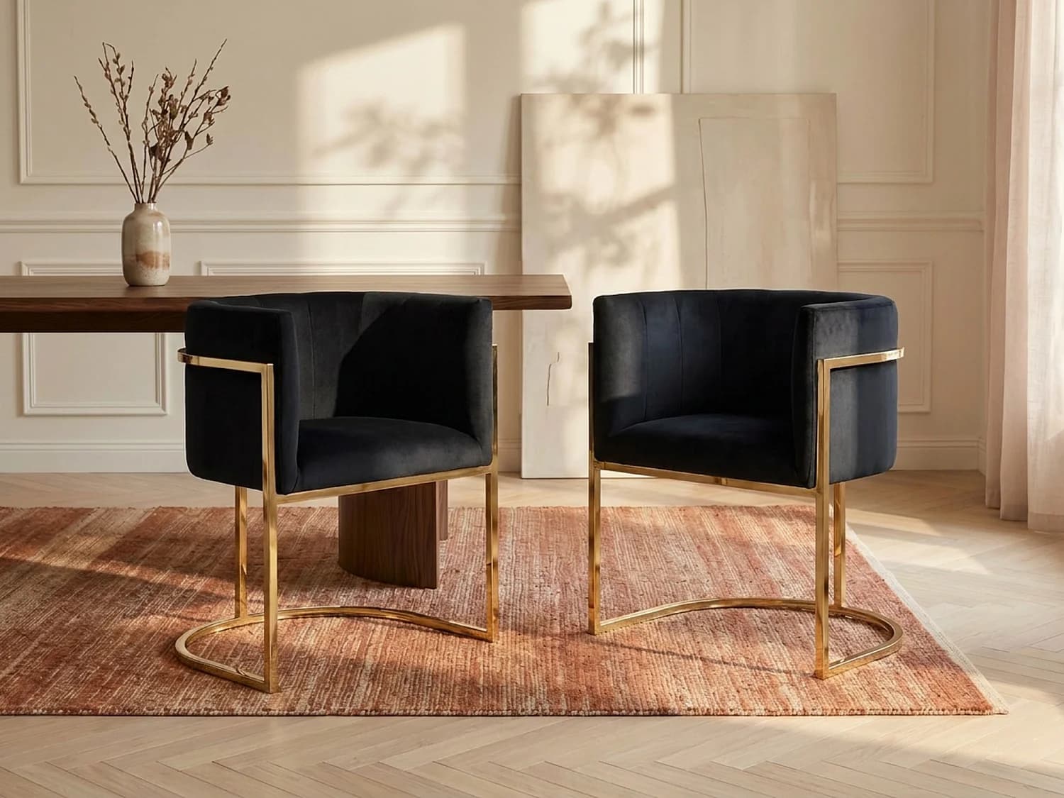 Lot de 2 chaises avec accoudoirs - Velours et acier inoxydable - Noir et doré - PERIA