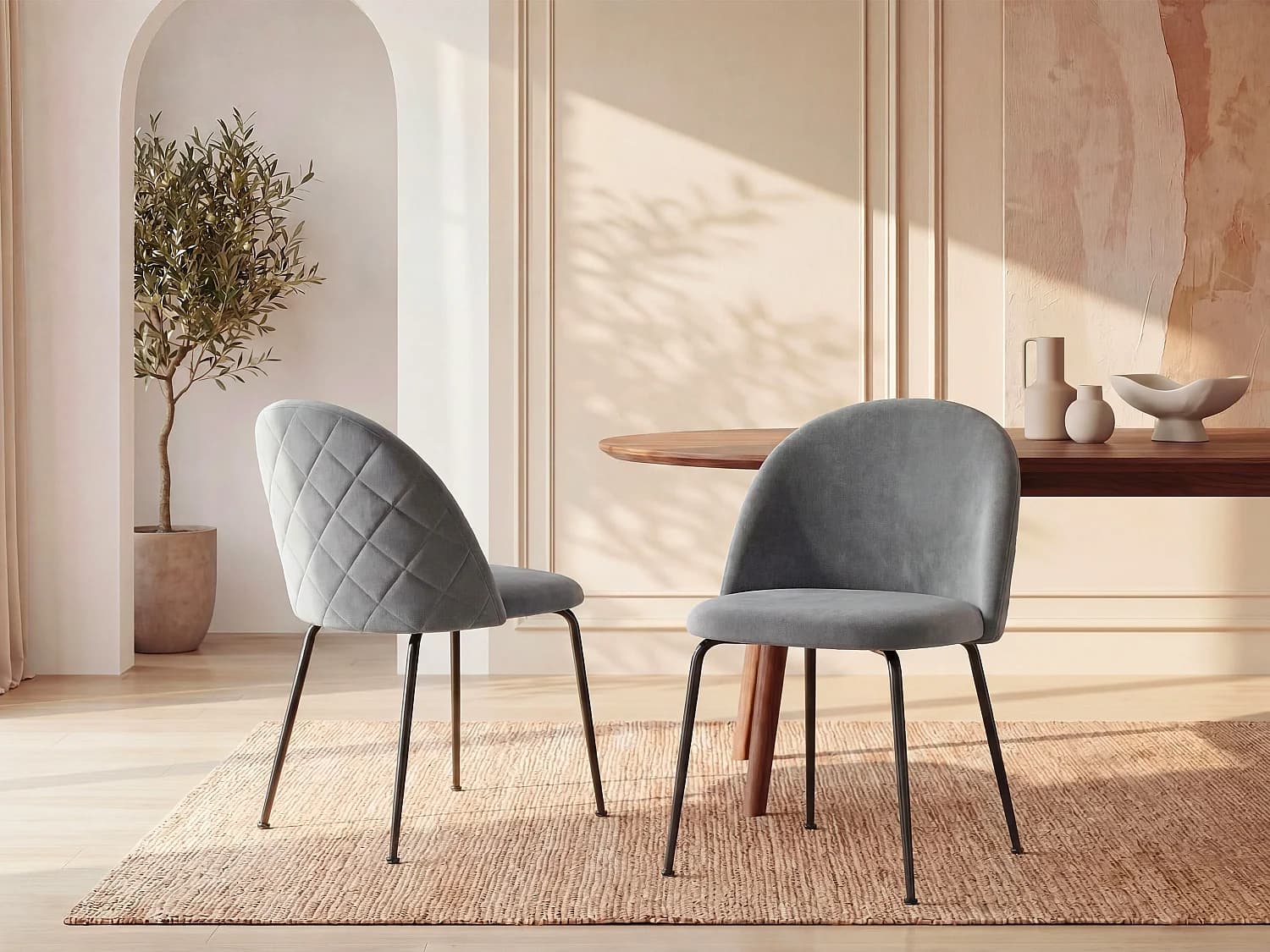 Lot de 6 chaises en velours et acier inoxydable noir - Gris - MELBOURNE