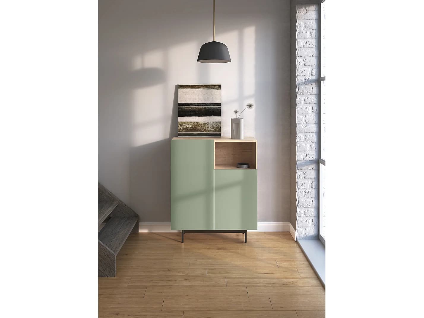Buffet 1 niche - H110cm x L90cm x L34cm - chêne clair et vert - Printed
