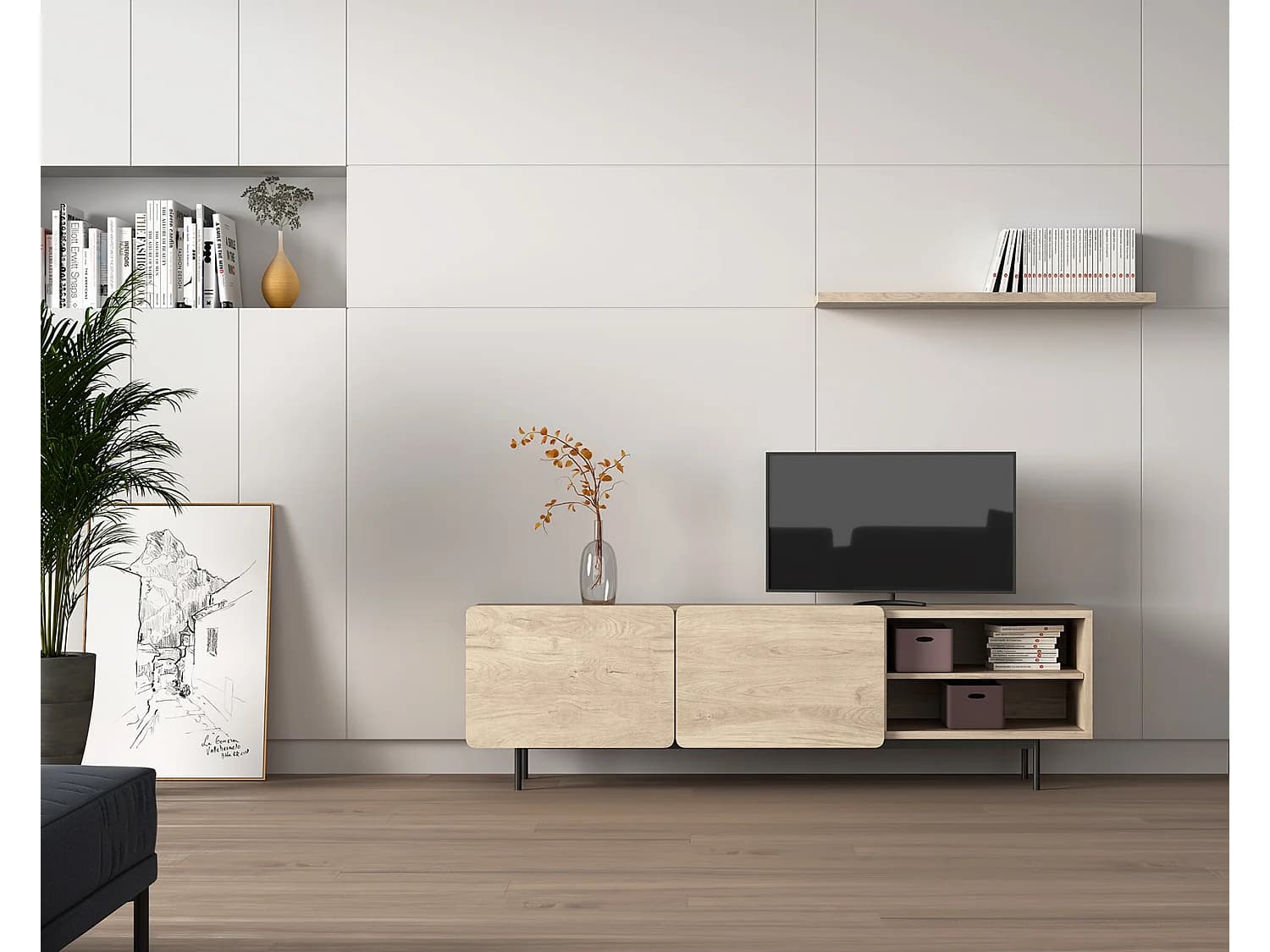 Meuble TV - H54cm x L180cm x L43cm - chêne clair - Printed