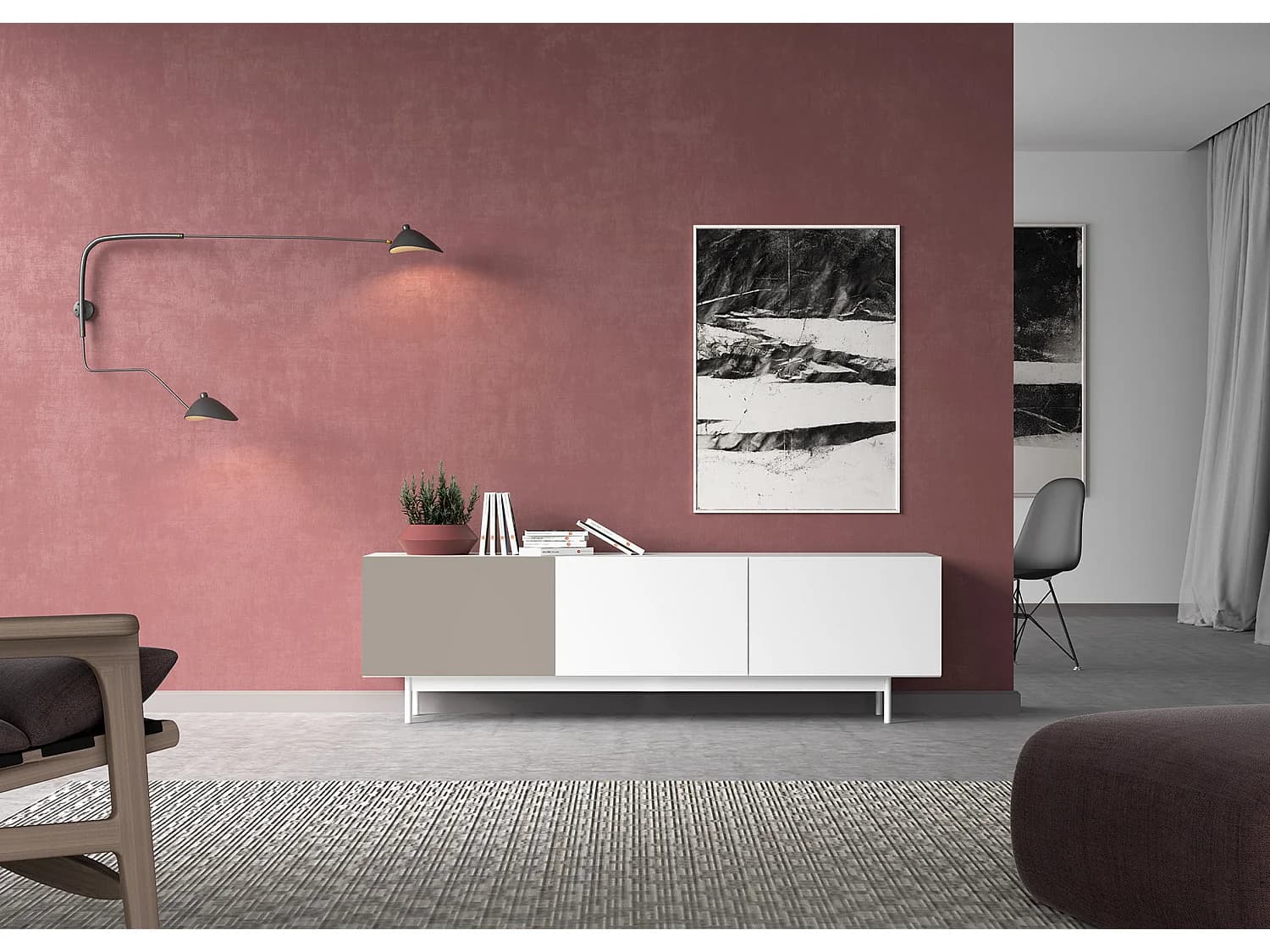 Meuble TV 3 portes - H52cm x L180cm x L43cm - blanc et taupe - Printed