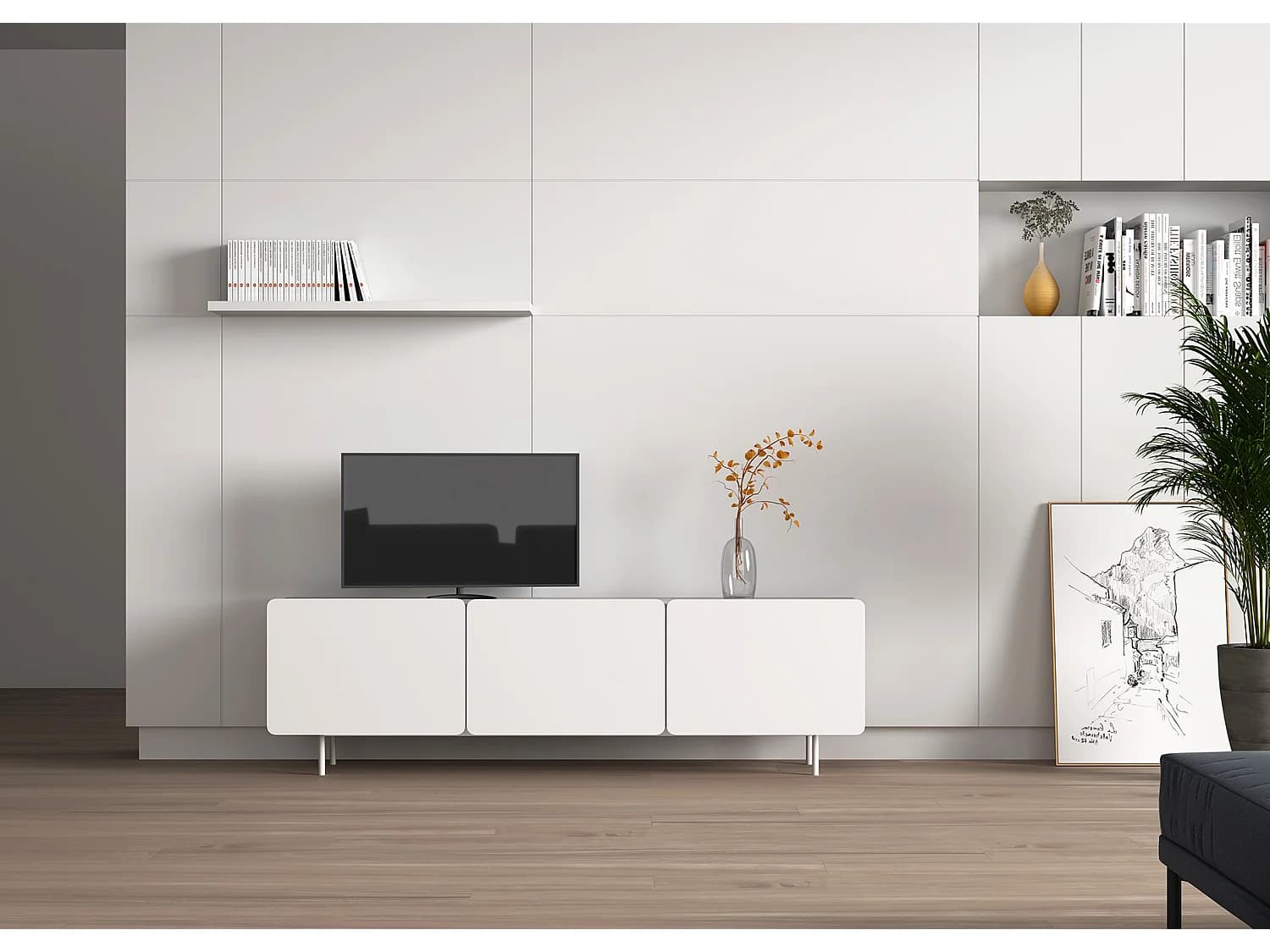 Meuble TV 3 portes - H54cm x L180cm x L43cm - blanc - Printed