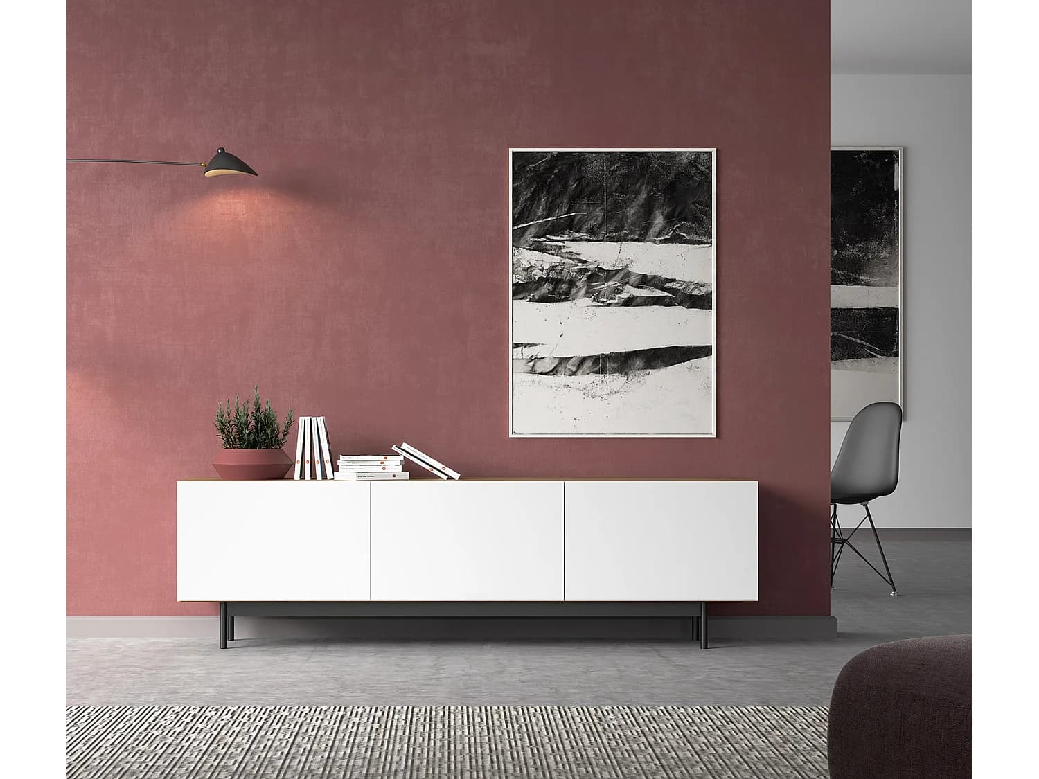 Meuble TV 3 portes - H52cm x L180cm x L43cm - noyer et blanc - Printed