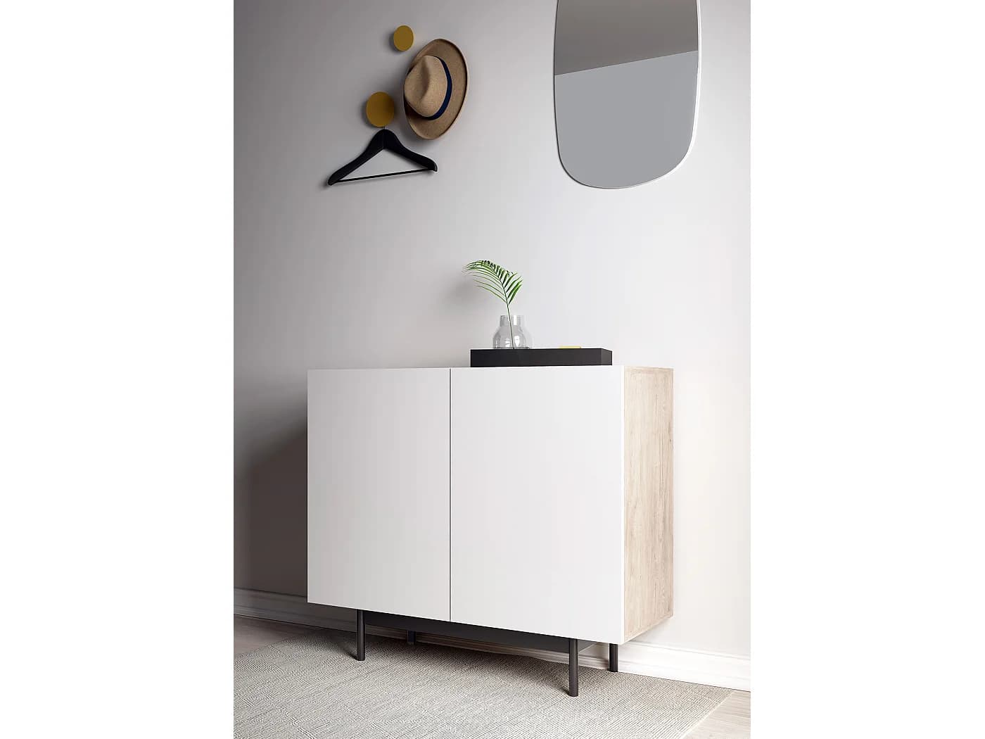 Buffet 2 portes - H78cm x L90cm x L34cm - chêne clair et blanc - Printed