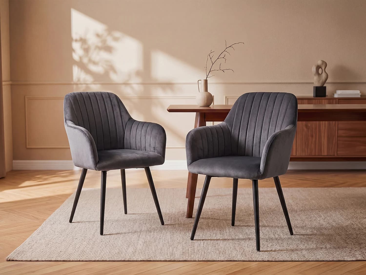 Lot de 2 chaises avec accoudoirs en velours et métal noir - Gris - ELEANA