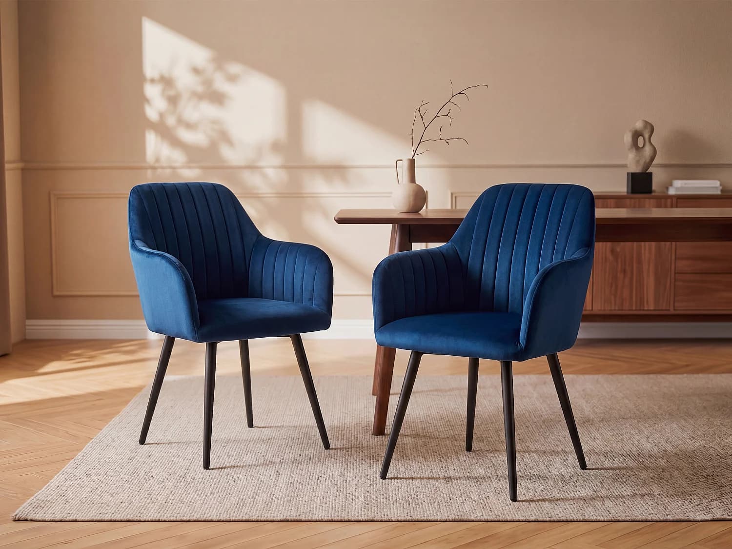 Lot de 2 chaises avec accoudoirs en velours et métal noir - Bleu - ELEANA