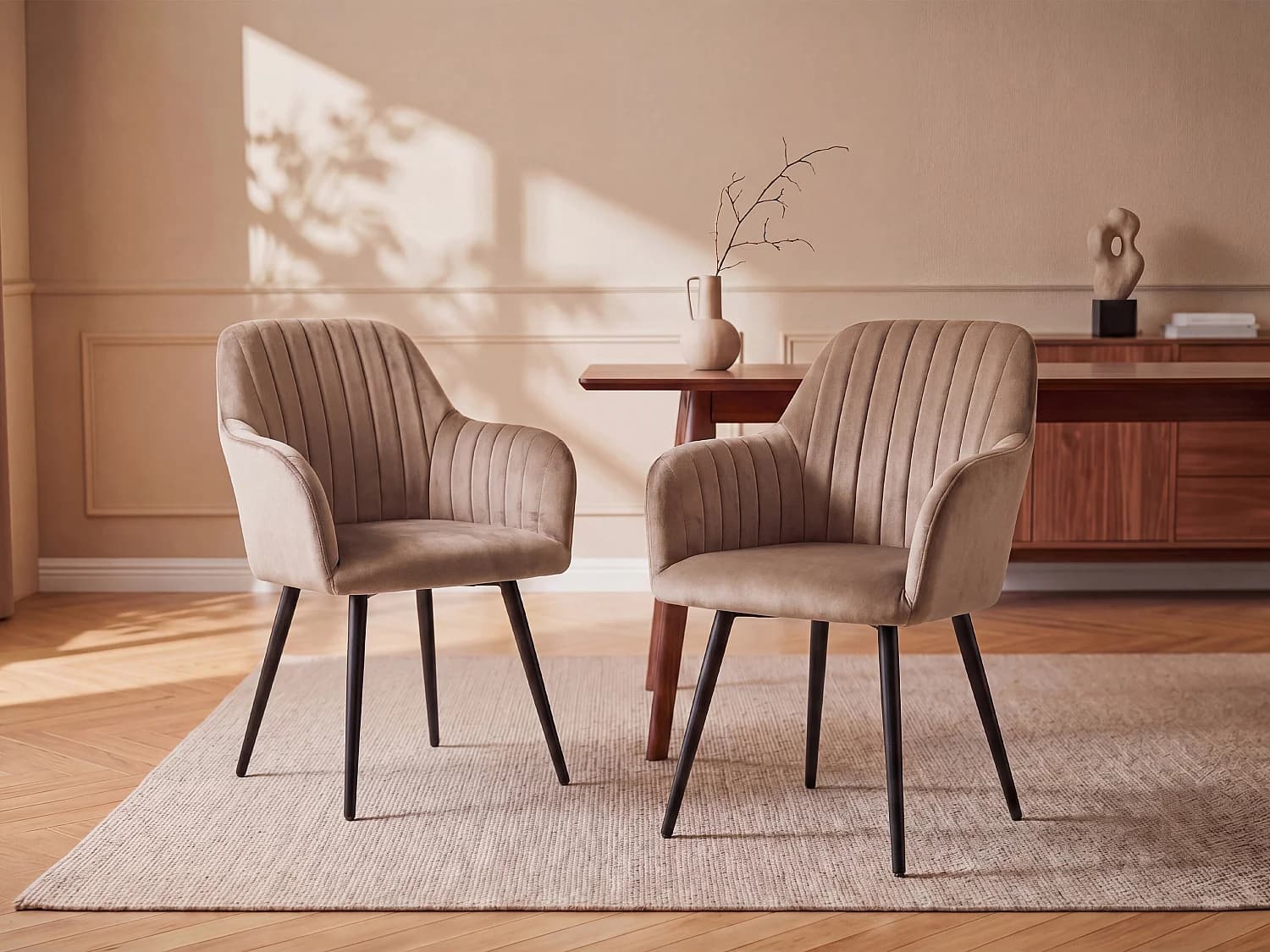 Lot de 2 chaises avec accoudoirs en velours et métal noir - Beige - ELEANA