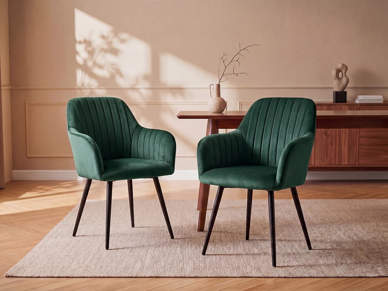 Lot de 2 chaises avec accoudoirs en velours et métal noir - Vert - ELEANA