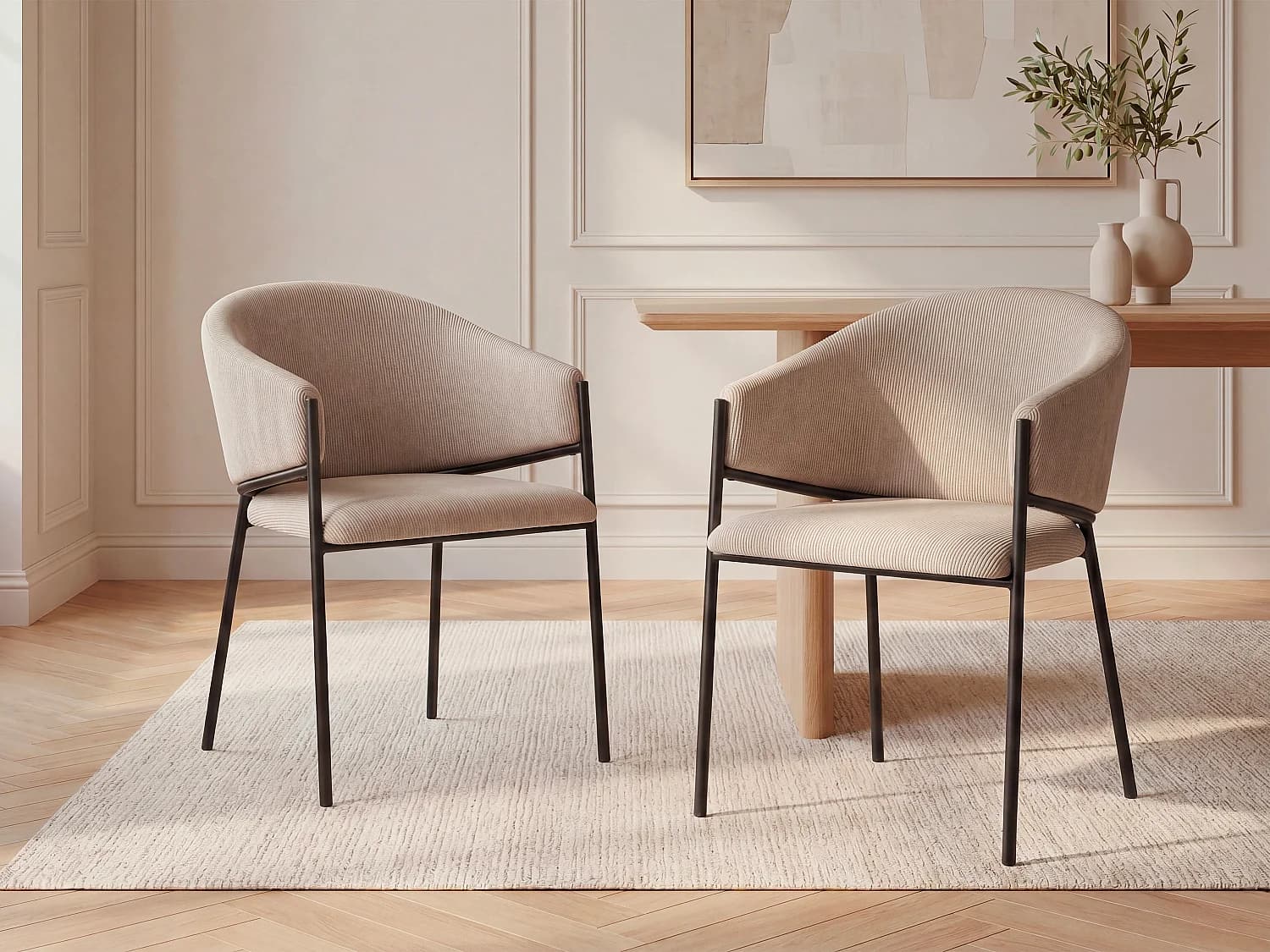 Lot de 6 chaises avec accoudoirs en velours côtelé et métal noir - Crème - ORDIDA
