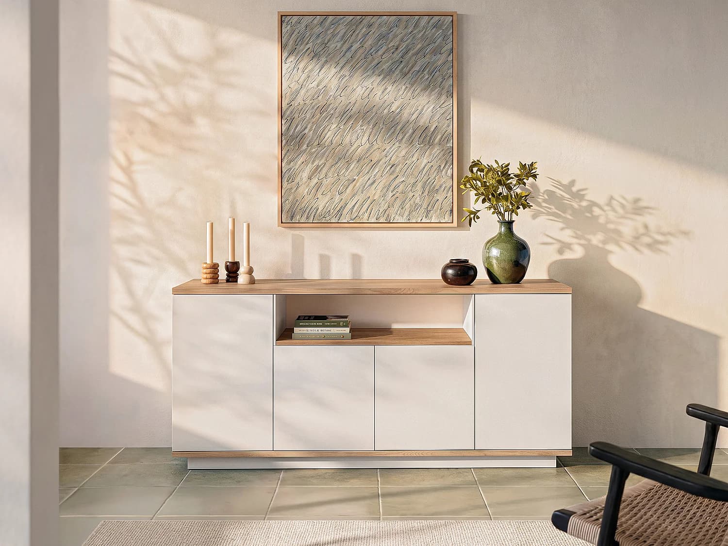 Buffet avec 4 portes et 1 étagère - Blanc et naturel - LOTULA