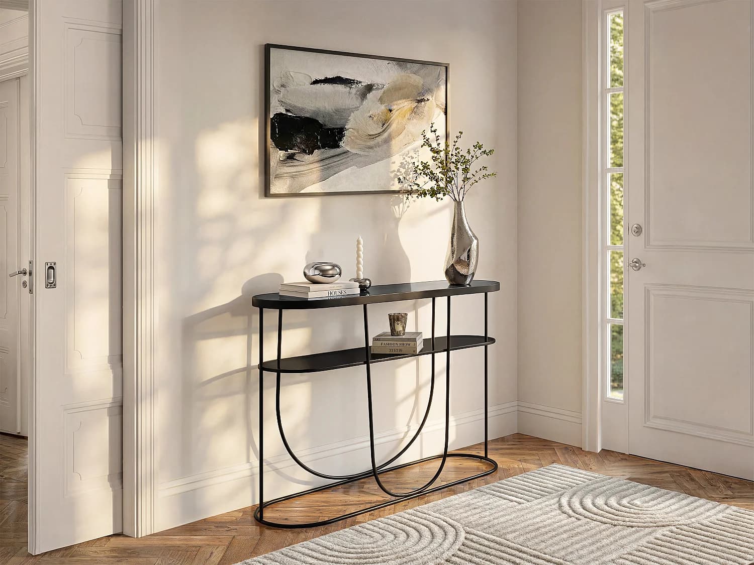 Console avec 1 étagère en métal et verre fumé - Noir et Transparent - PRETORIA