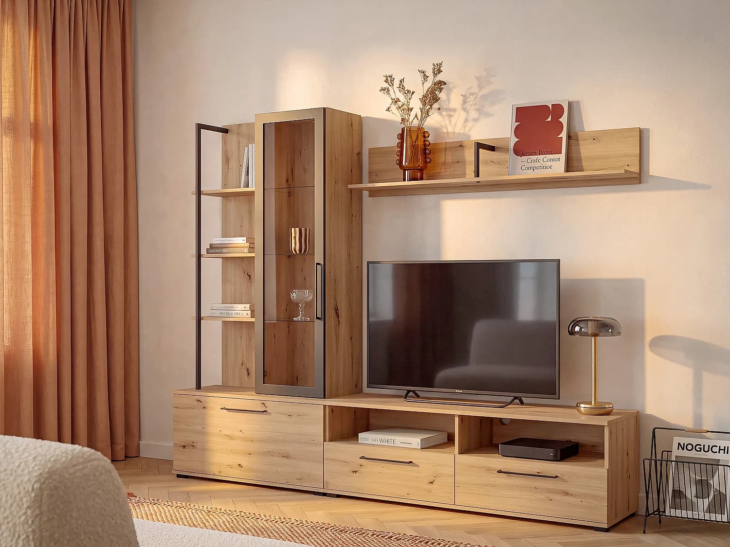 Mur TV DUBLIN avec rangements - Coloris: Chêne & noir