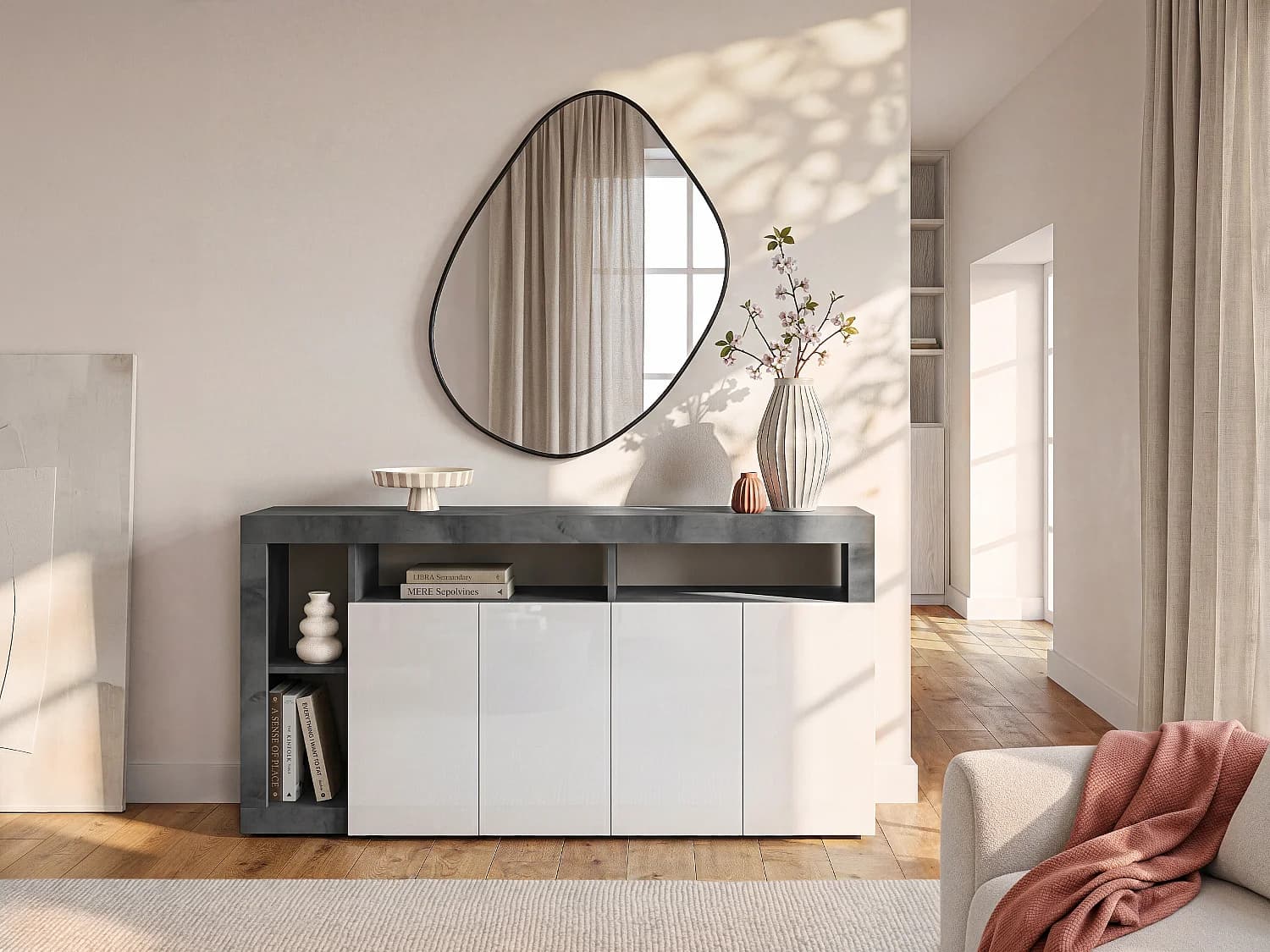 Buffet SEFRO - 4 portes et 4 niches - Blanc laqué et béton