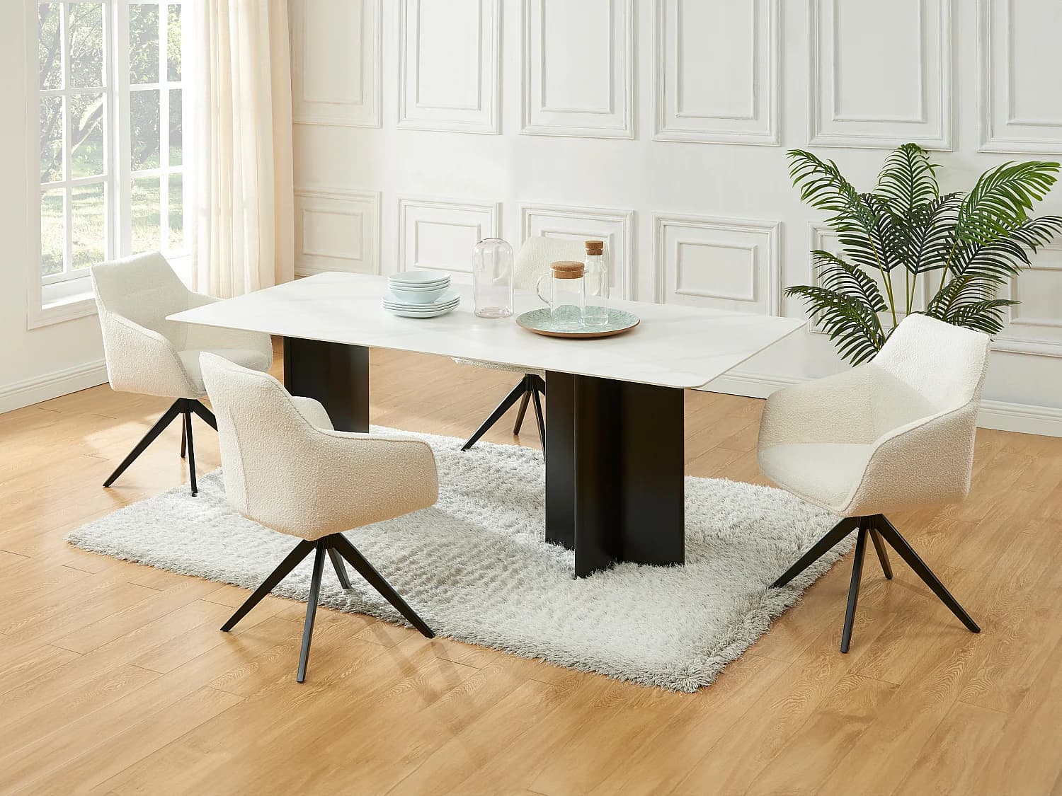 Table à manger 8 personnes en céramique et MDF - Effet marbre blanc et noir - SINAN