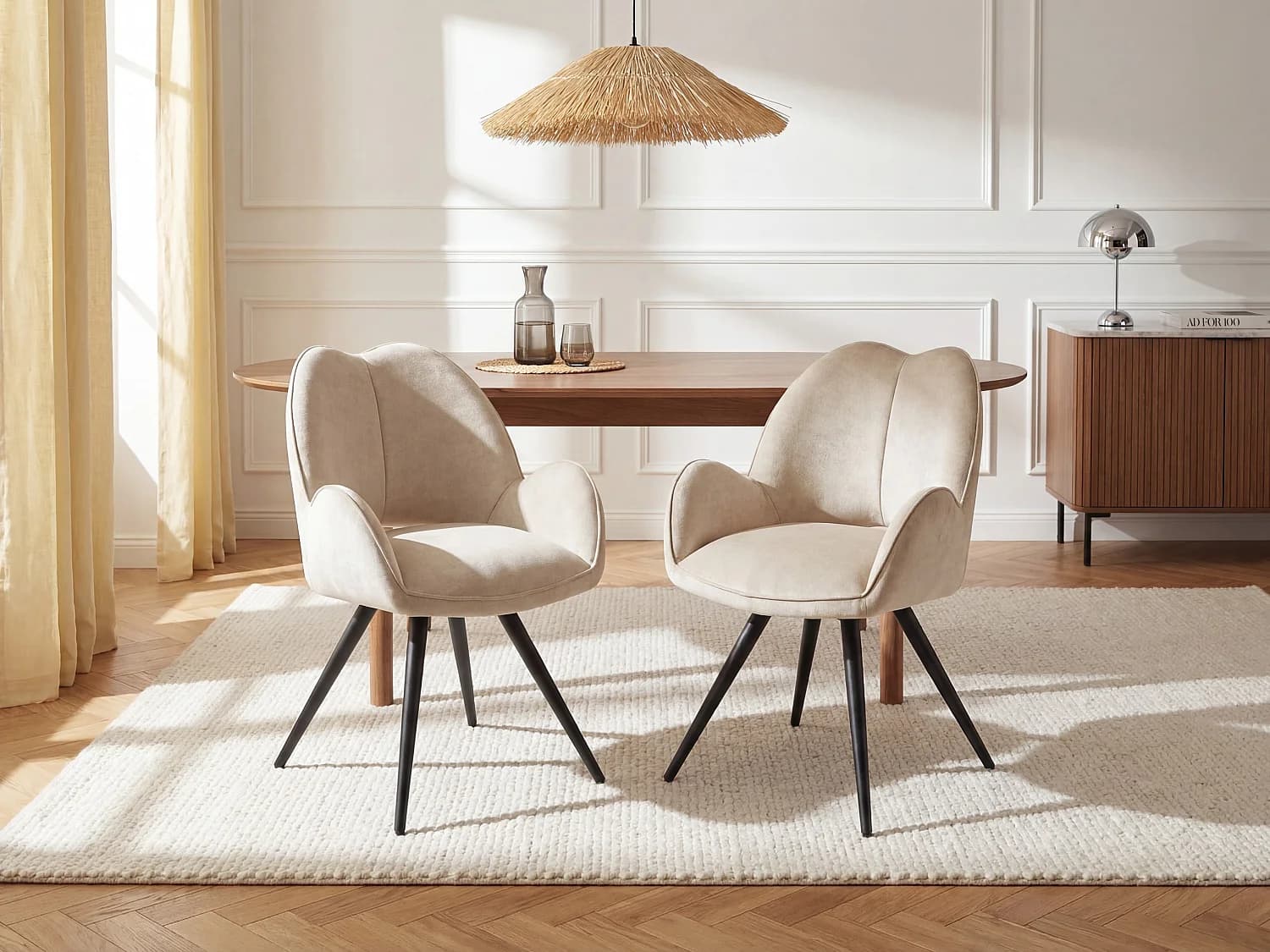 Lot de 2 chaises pivotantes avec accoudoirs en tissu et métal noir - Beige - GULSUN de Maison Céphy