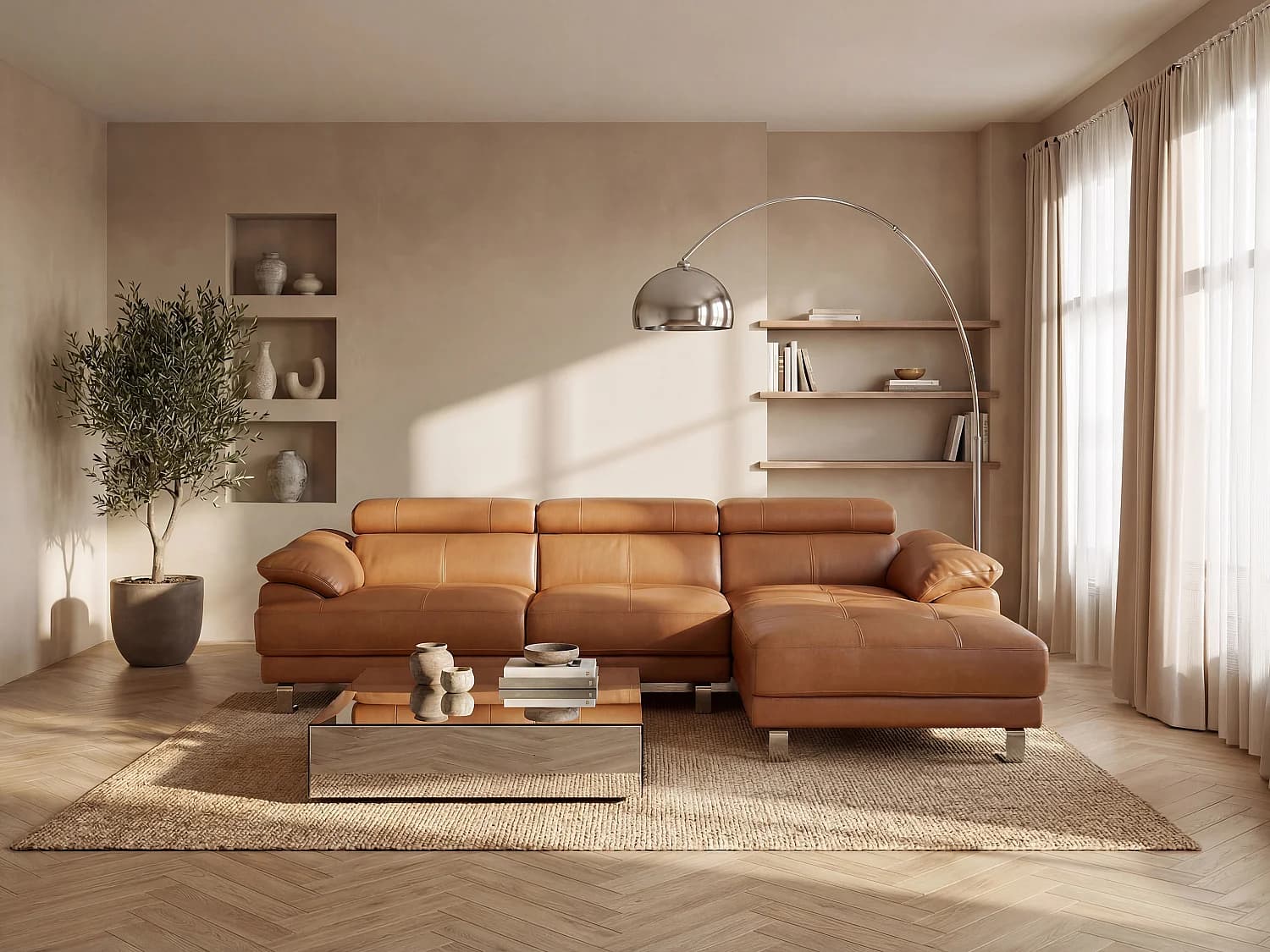 Canapé d'angle droit en cuir premium camel EXCELSIORA