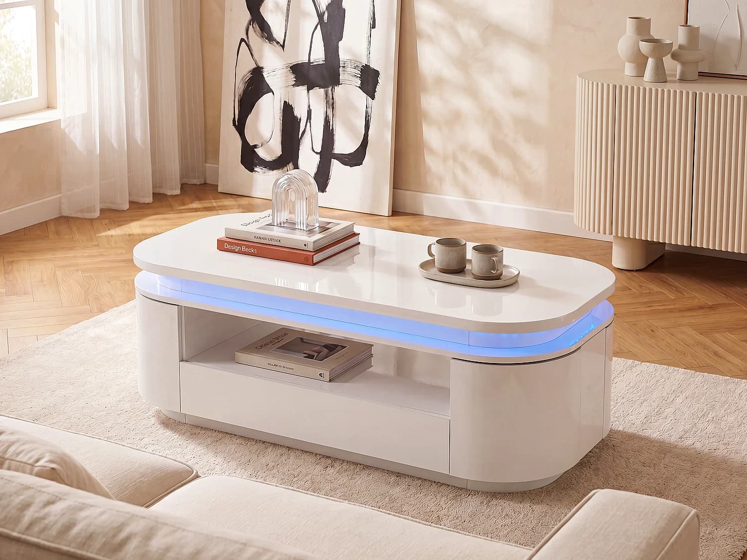 Table basse 4 portes et 1 tiroir avec LEDs en MDF - Blanc laqué - VANDANA