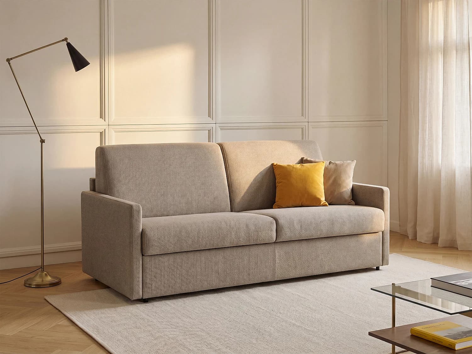 Canapé 3 places convertible express en tissu beige - Couchage à lattes larges 140 cm - Matelas 18 cm CALIFE