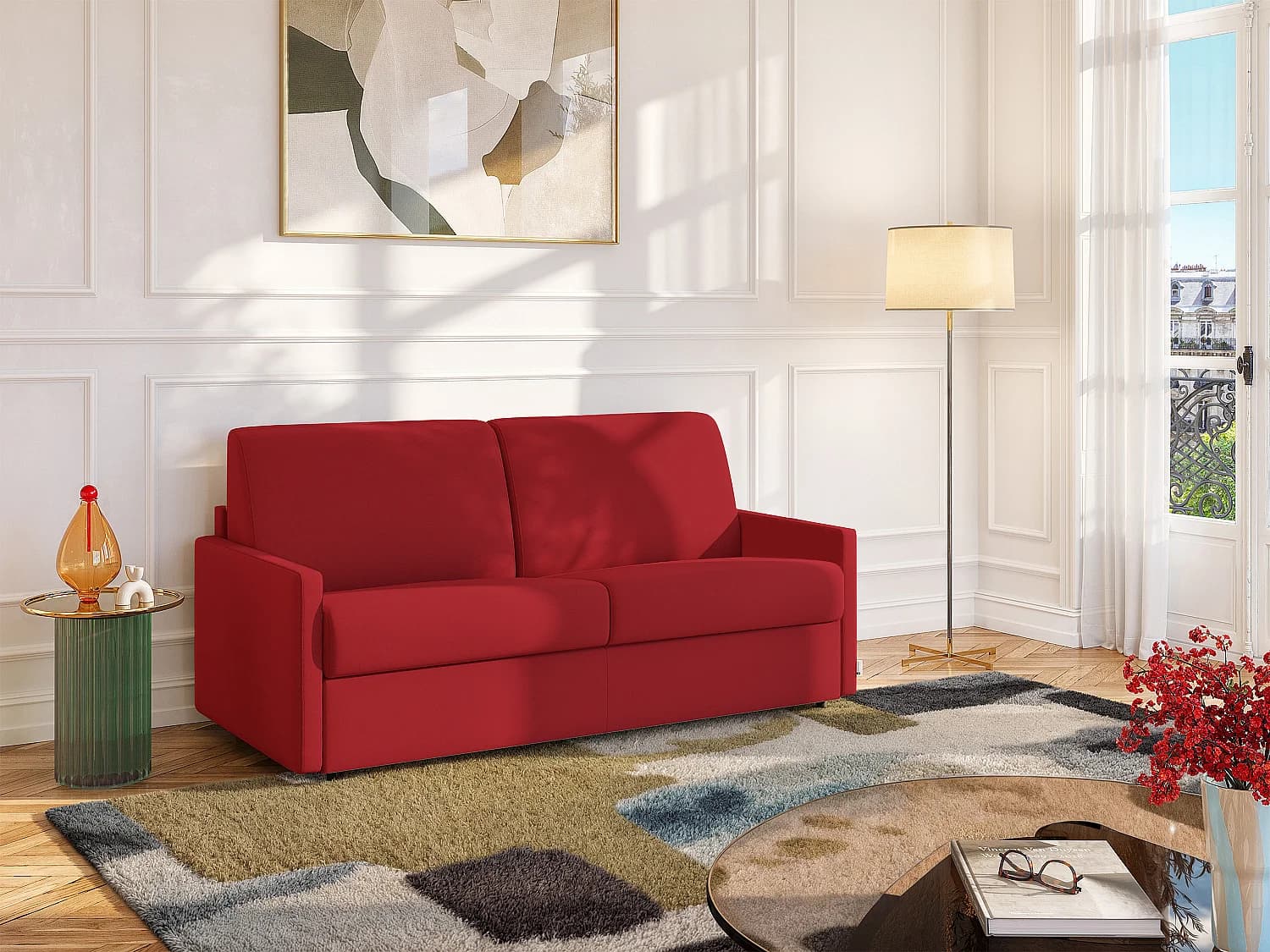Canapé 4 places convertible express en tissu rouge - Couchage à lattes larges 160 cm - Matelas 18 cm CALIFE