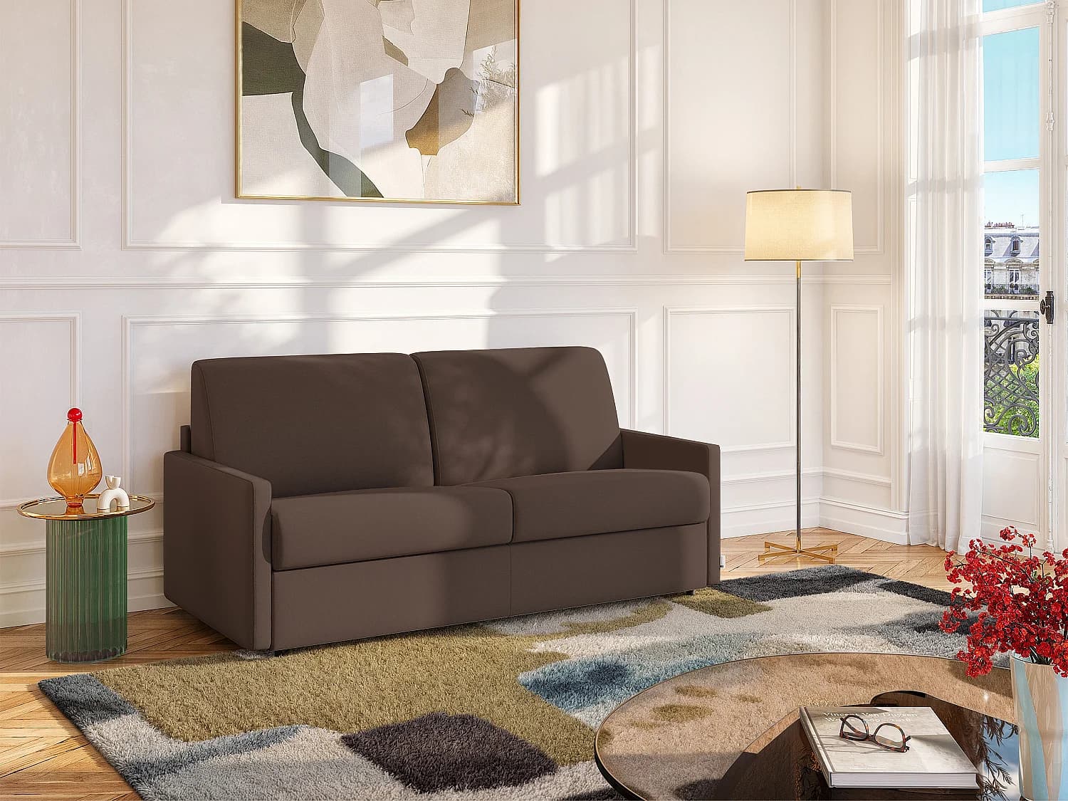 Canapé 4 places convertible express en tissu marron- Couchage à lattes larges 160 cm - Matelas 18 cm CALIFE