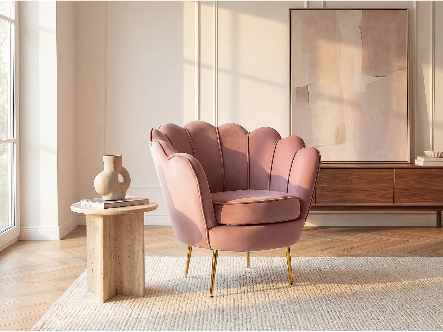 Fauteuil coquillage en velours rose DANDELION