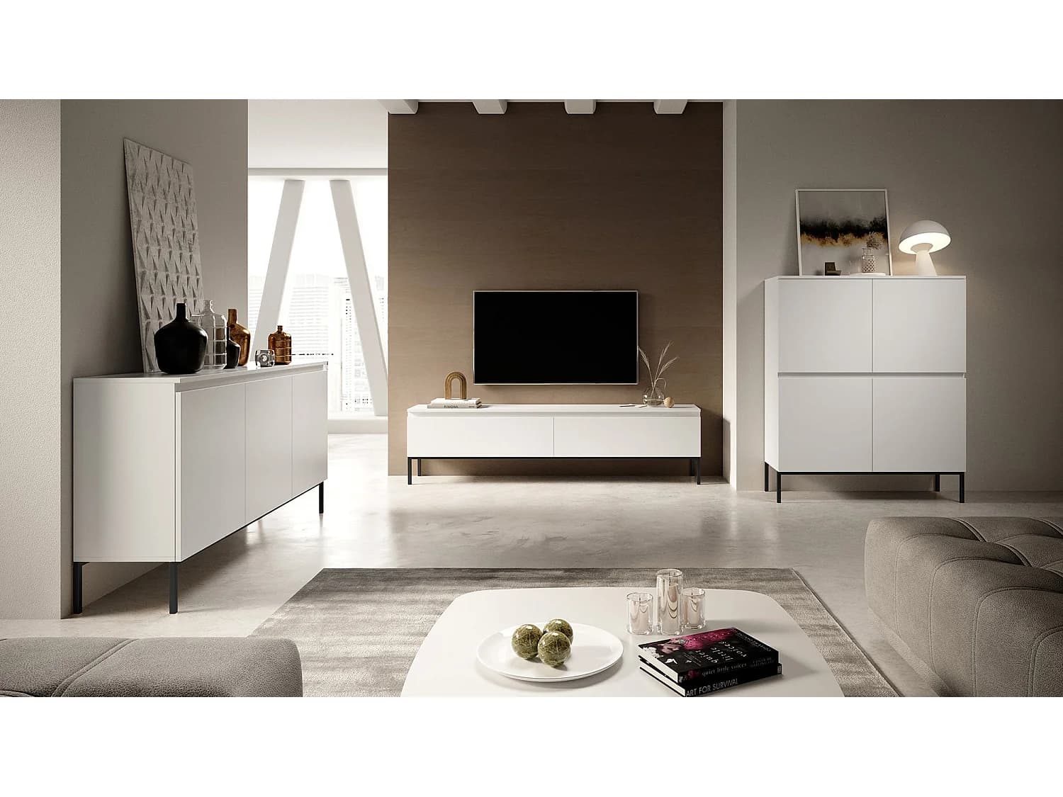 Meuble TV - 150 cm - blanc et pieds noirs - Bemmi