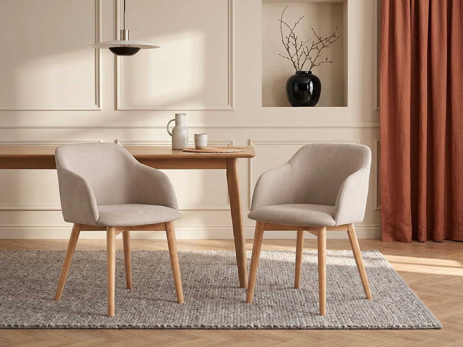 Lot de 2 chaises avec accoudoirs en tissu et bois d'hévéa - Beige - JELISA
