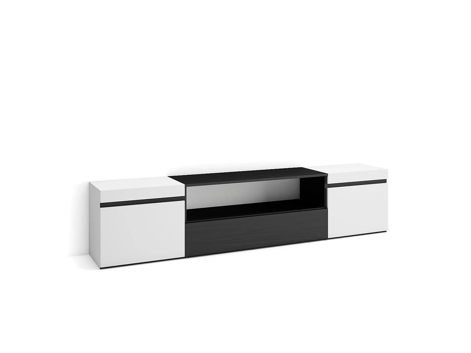 Meuble TV, Banc Télé, 200x35x45cm, Pour les TV jusqu'à 80", Meubles de salon, Blanc et noir