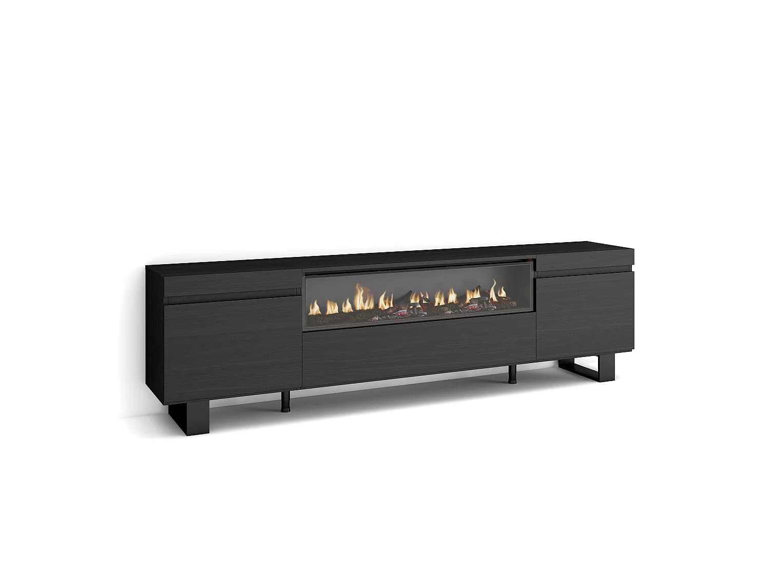 Meuble TV, Banc Télé, 200x35x57cm, Pour les TV jusqu'à 80", Cheminée électrique, Design industriel, Noir