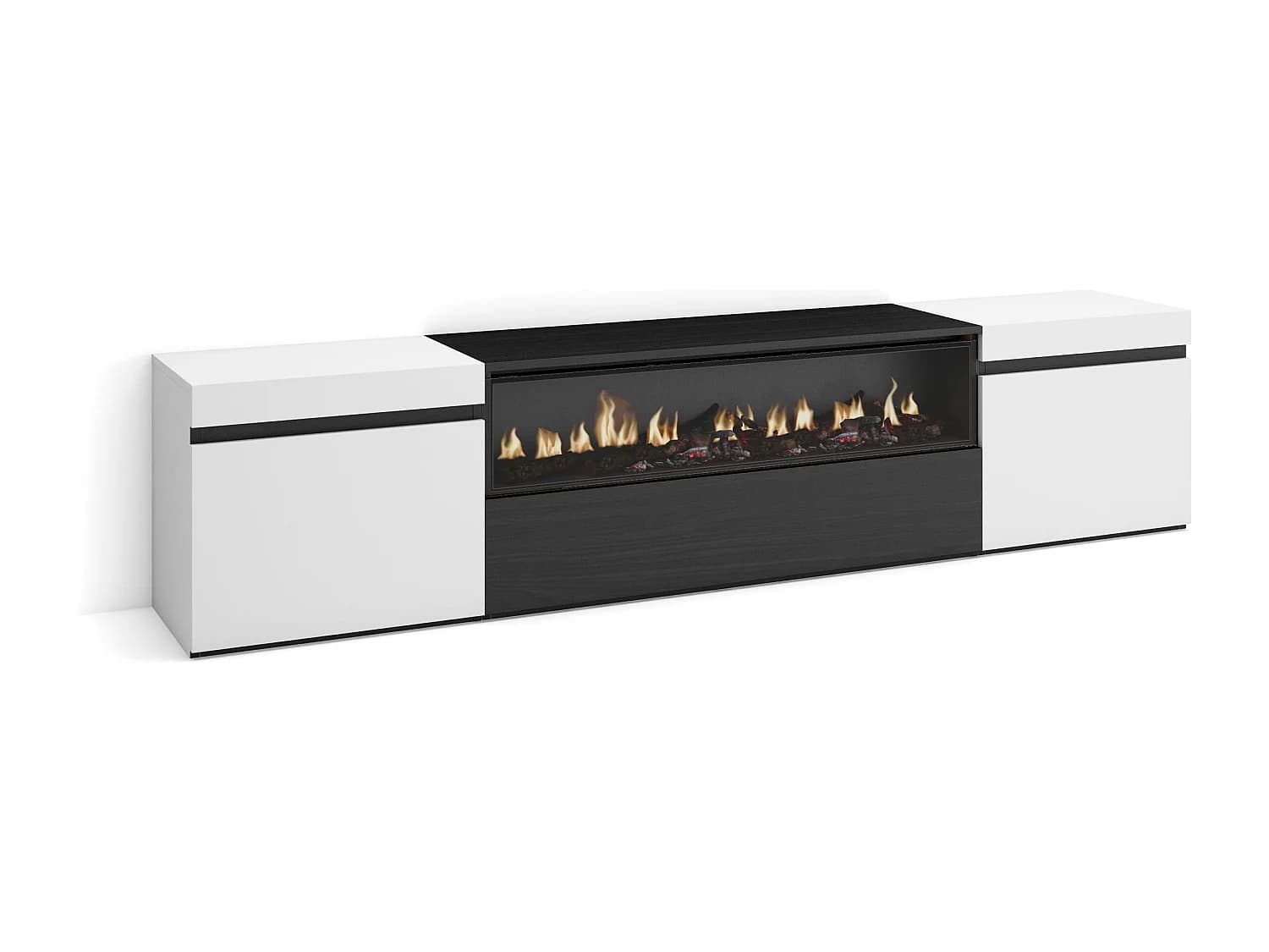 Meuble TV, Banc Télé, 200x35x45cm, Pour les TV jusqu'à 80", Cheminée électrique, Blanc et noir