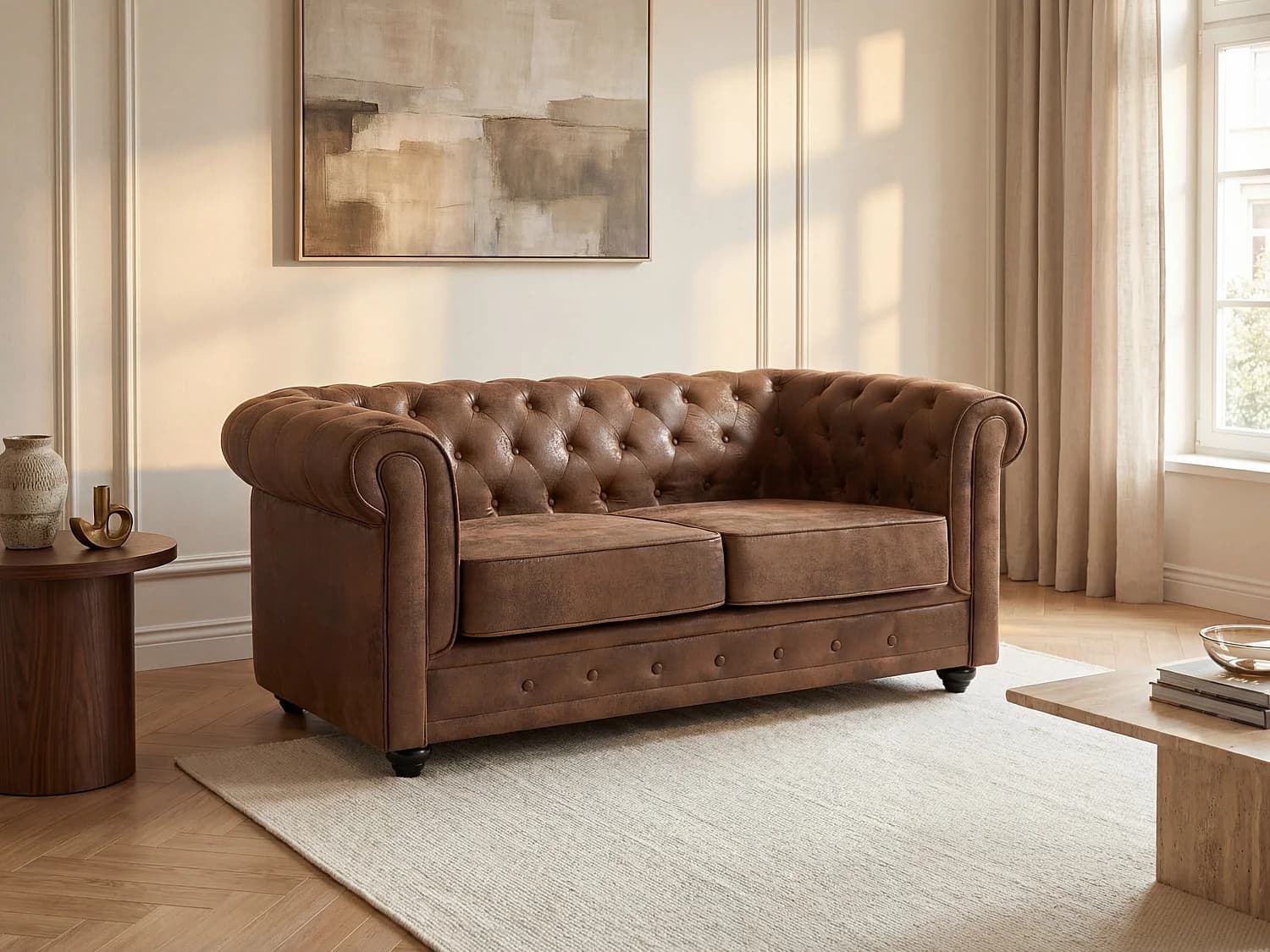 Canapé 2 places CHESTERFIELD en microfibre aspect cuir vieilli