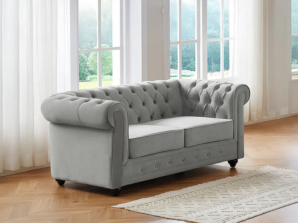 Canapé 2 places CHESTERFIELD - Velours gris clair