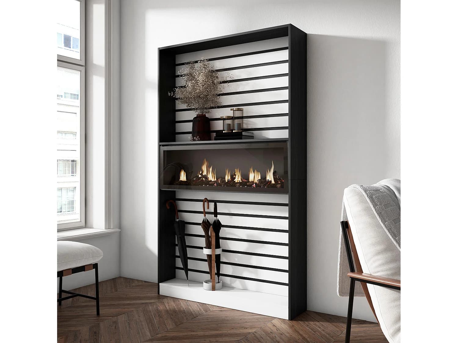 Étagère Bibliothèque, 110x25x186cm, Salon, Bureau, Cheminée électrique, Blanc et noir