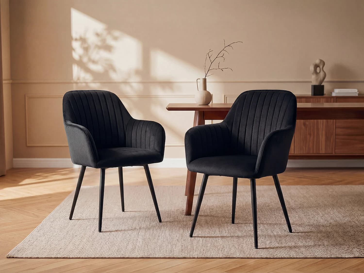 Lot de 2 chaises avec accoudoirs en velours et métal - Noir - ELEANA
