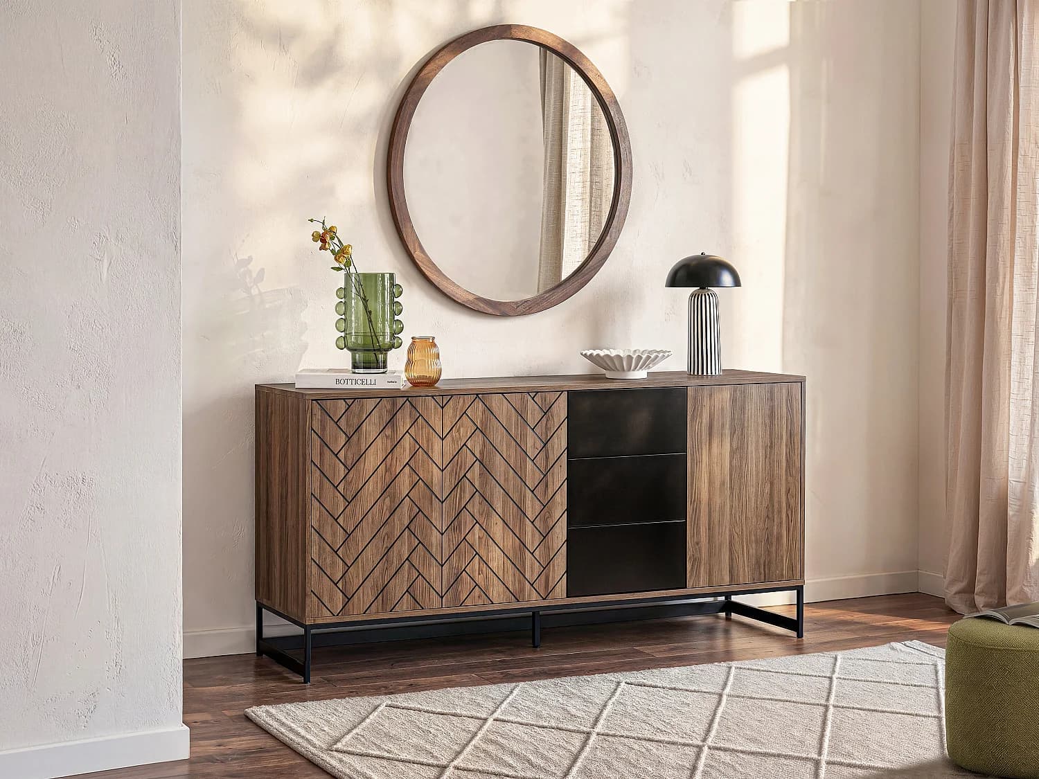 Buffet 3 portes et 3 tiroirs - MDF - Naturel et noir - CARATANA