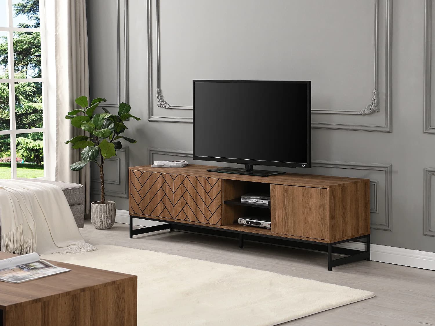 Meuble TV avec 3 portes et 2 niches - MDF - Naturel et noir - CARATANA