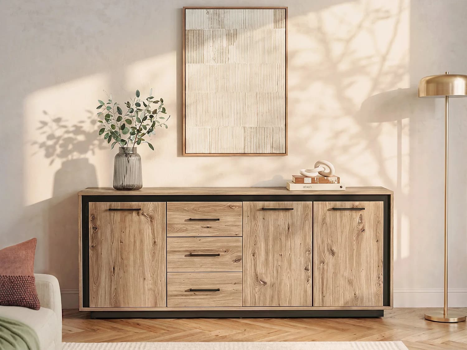 Buffet 3 portes et 3 tiroirs en MDF - Naturel et noir - NALAMANE