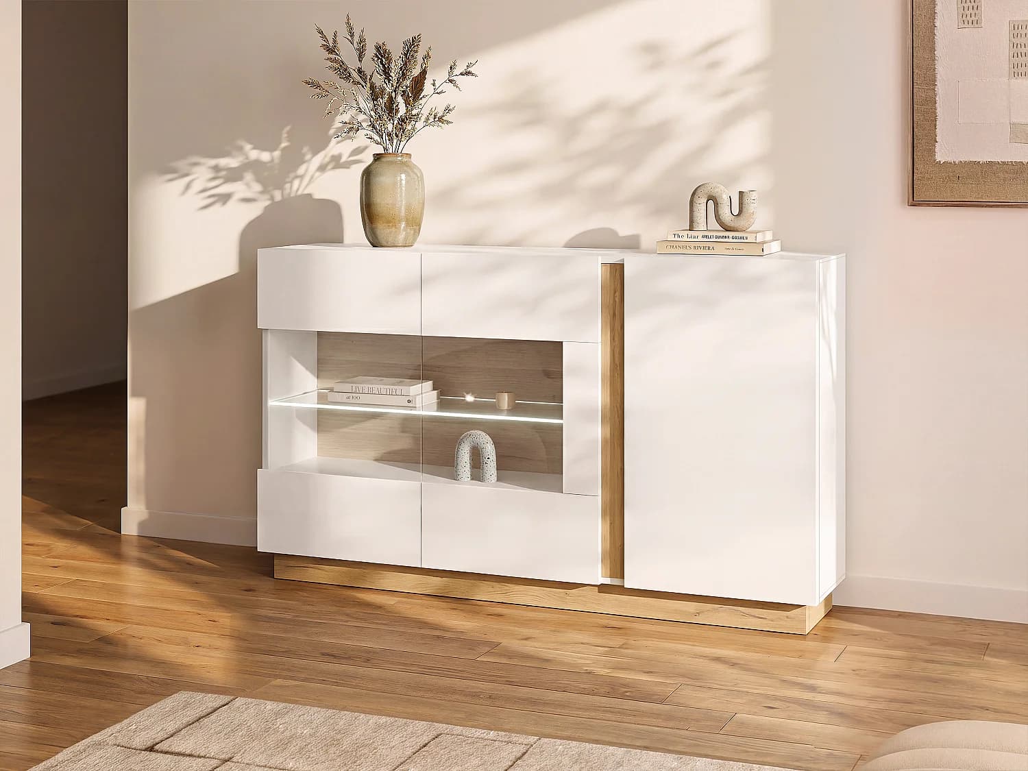 Buffet MURARI - 3 portes - Avec LEDs - Blanc brillant et chêne
