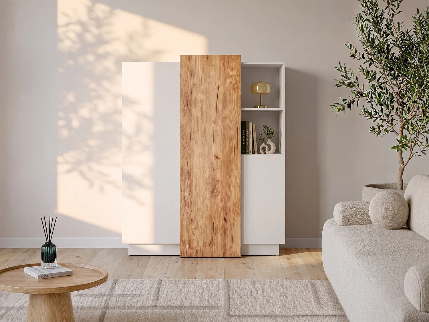 Buffet haut FRANCOLI - 3 portes et 2 niches - Blanc et chêne
