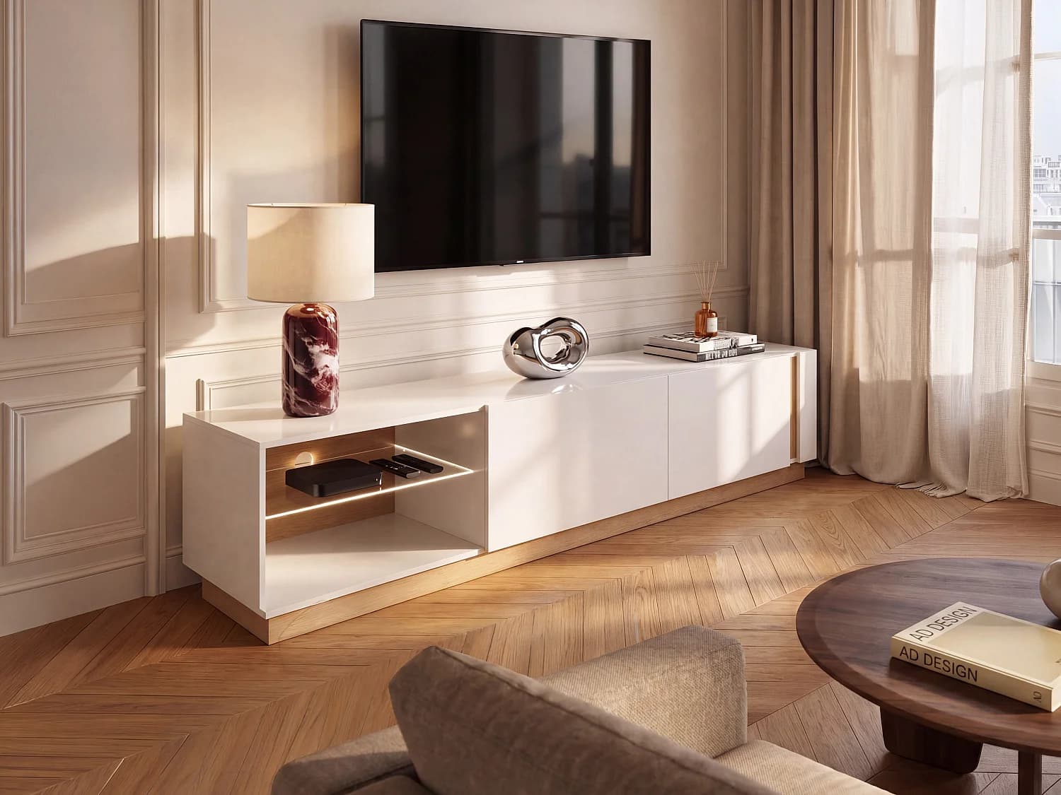 Meuble TV MURARI - 2 portes et 2 niches - Avec LEDs - Blanc brillant et chêne
