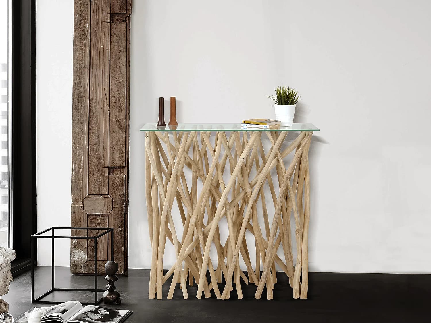 Console en verre trempé et teck - Coloris : Naturel - GAYANA