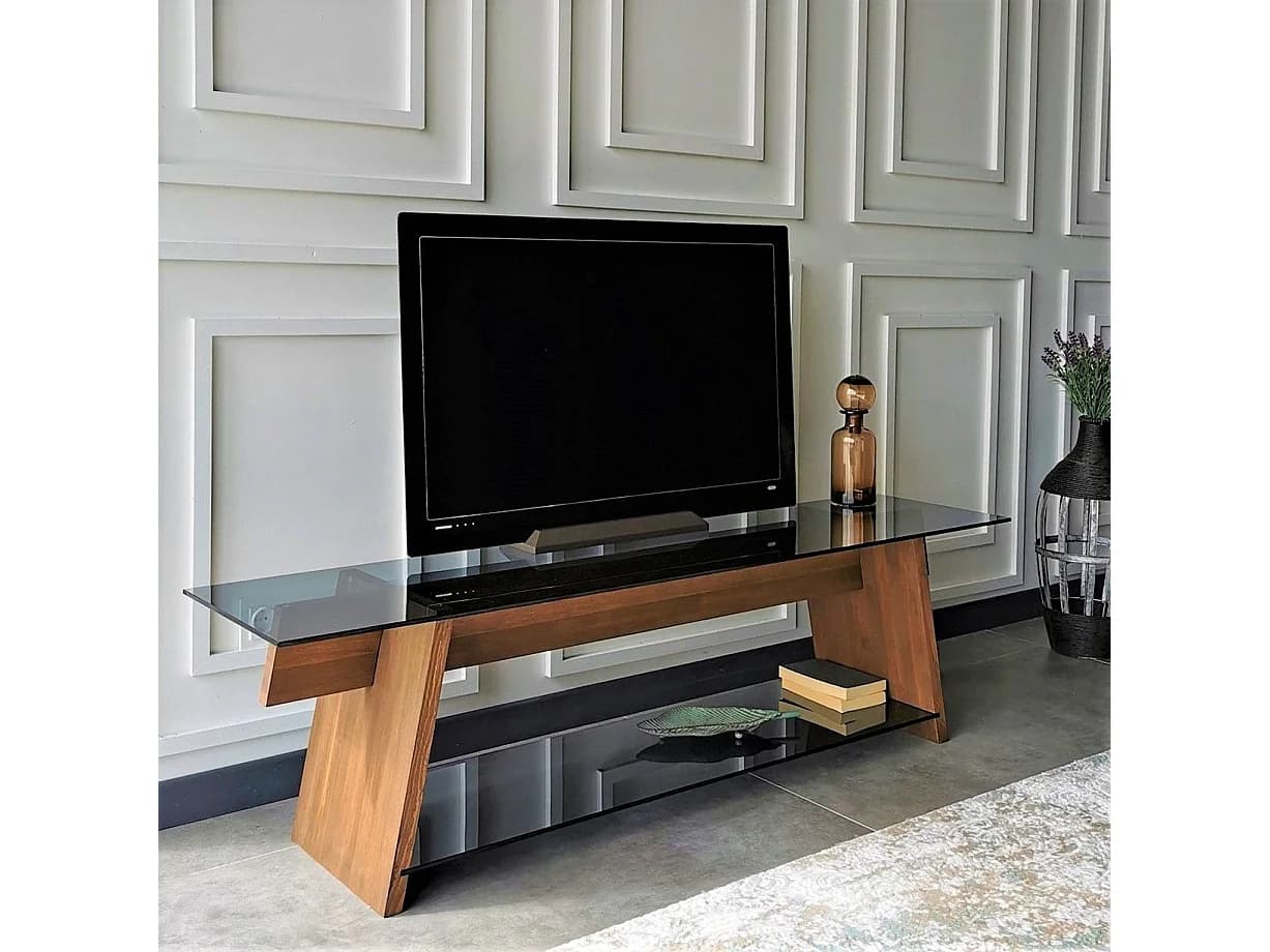 Meuble TV trapèze 2 tablettes Trappy 158x45x35cm Bois massif Verre trempé Naturel Fumé Noir