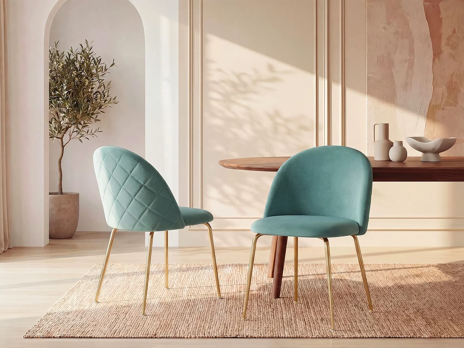 Lot de 2 chaises - Velours et acier inoxydable doré - Vert sauge - MELBOURNE