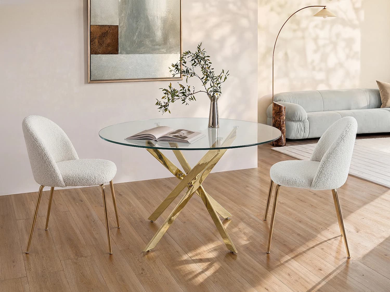 Table à manger ronde 4 personnes en verre trempé et métal doré - Transparent - COSIMA