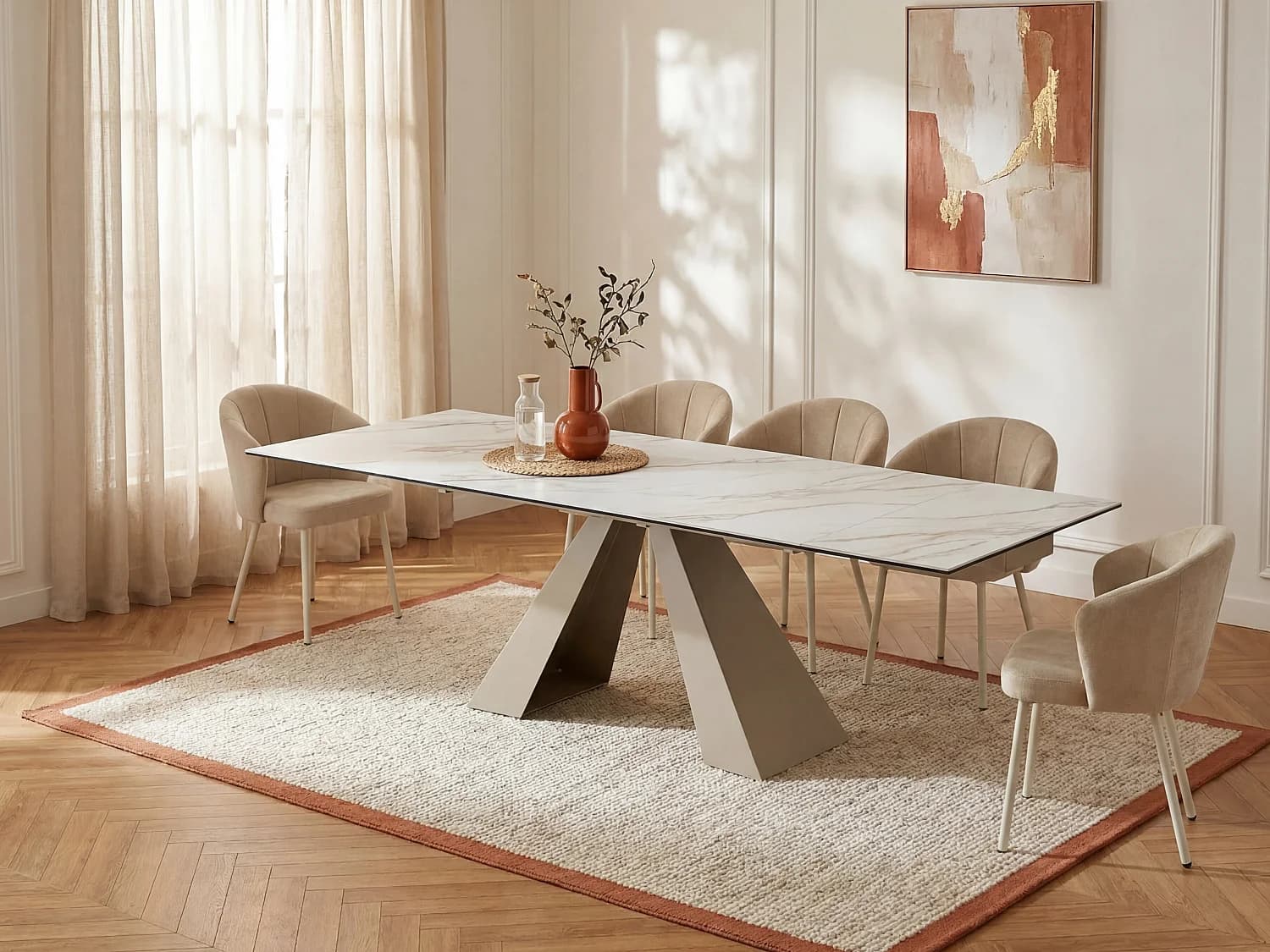 Table à manger extensible 6 à 10 personnes en verre trempé, céramique et métal - Effet marbre blanc et beige - LOZIPA de Maison Céphy