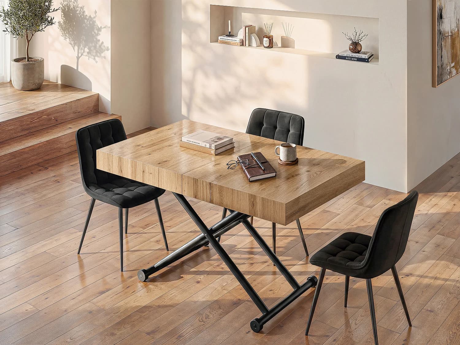 Table extensible et relevable 2 en 1 - MDF et acier - Naturel et noir - MORIALA