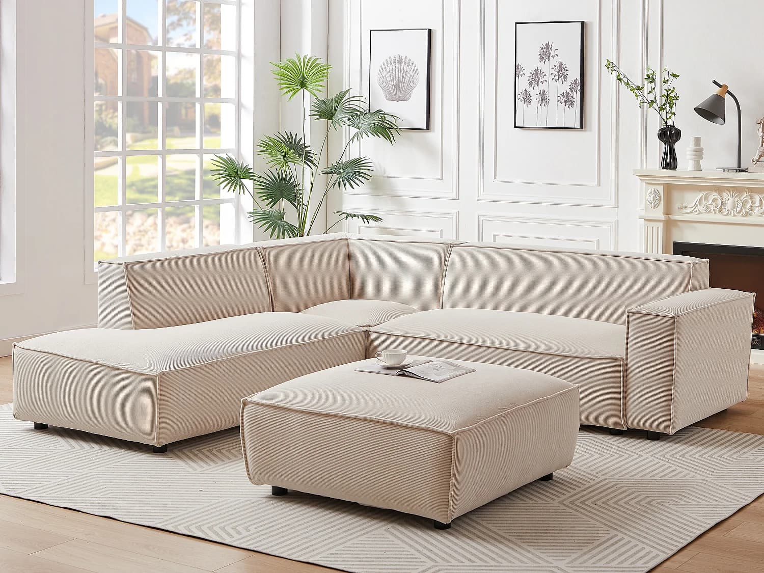 Grand canapé d'angle gauche et pouf en velours côtelé beige BORORE