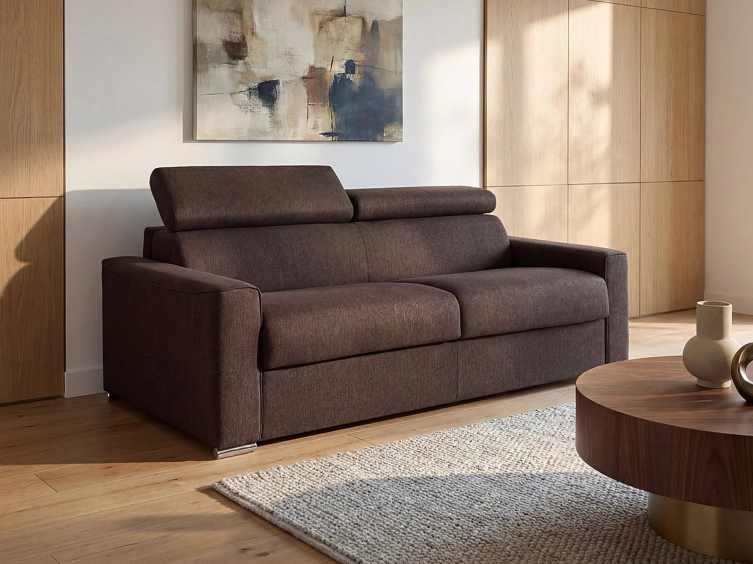 Canapé 4 places convertible express en tissu marron - couchage lattes larges 160 cm - Matelas 22 cm avec mémoire de forme VIZIR