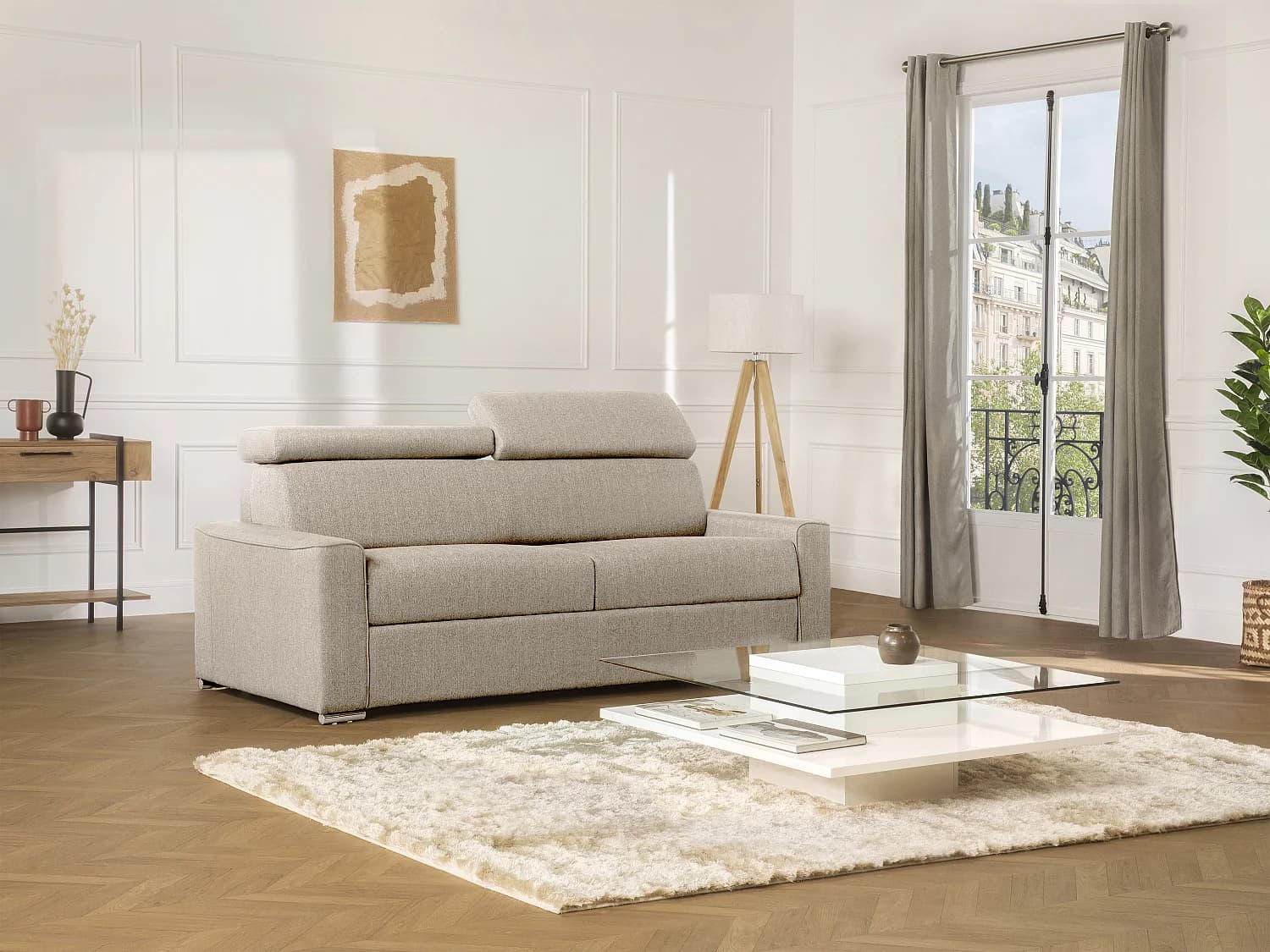 Canapé 4 places convertible express en tissu beige - couchage lattes larges 160 cm - Matelas 22 cm avec mémoire de forme VIZIR