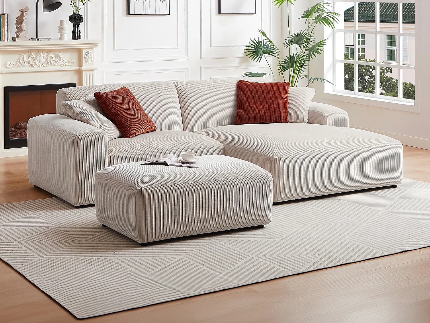 Canapé d'angle droit et pouf en velours côtelé beige TIRONO de Maison Céphy